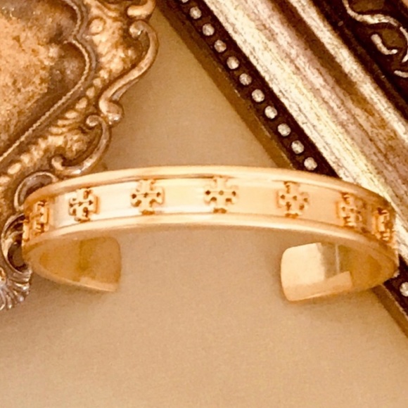 TORY BURCH • Gold Raised Logo Cuff Bracelet - Picture 5 of 5